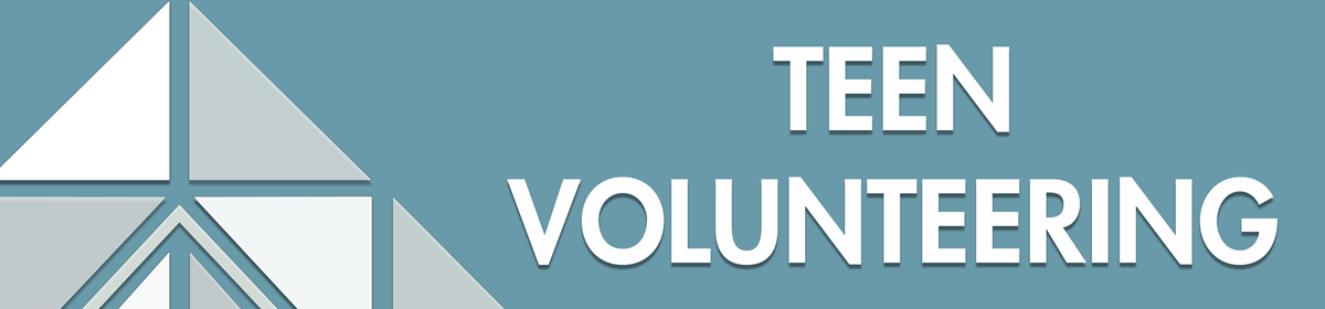 Teal background with white text saying 'Teen Volunteering' next to a geometric triangle design. Clean and informative tone.